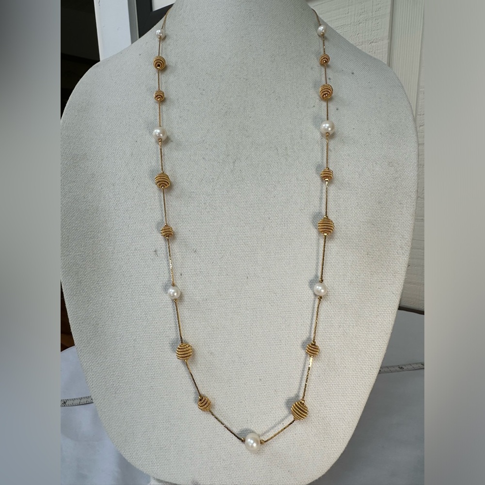 Long vintage gold coiled bead and pearl station necklace